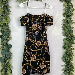 Chain Bodycon off the Shoulder Mini Dress LARGE Black Gold Sexy Streetwear Club